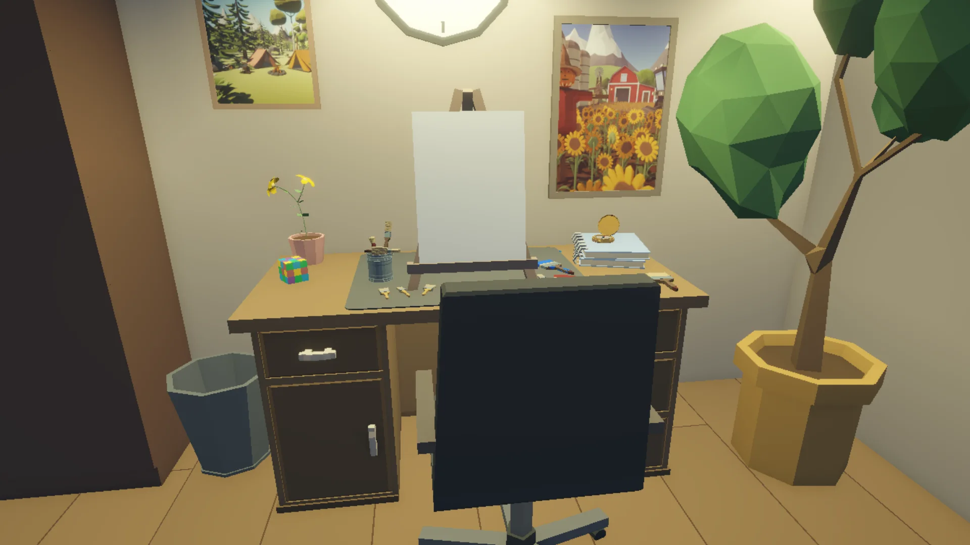 The bright youth-stage room with a blank canvas, desk, plants, and childhood objects.